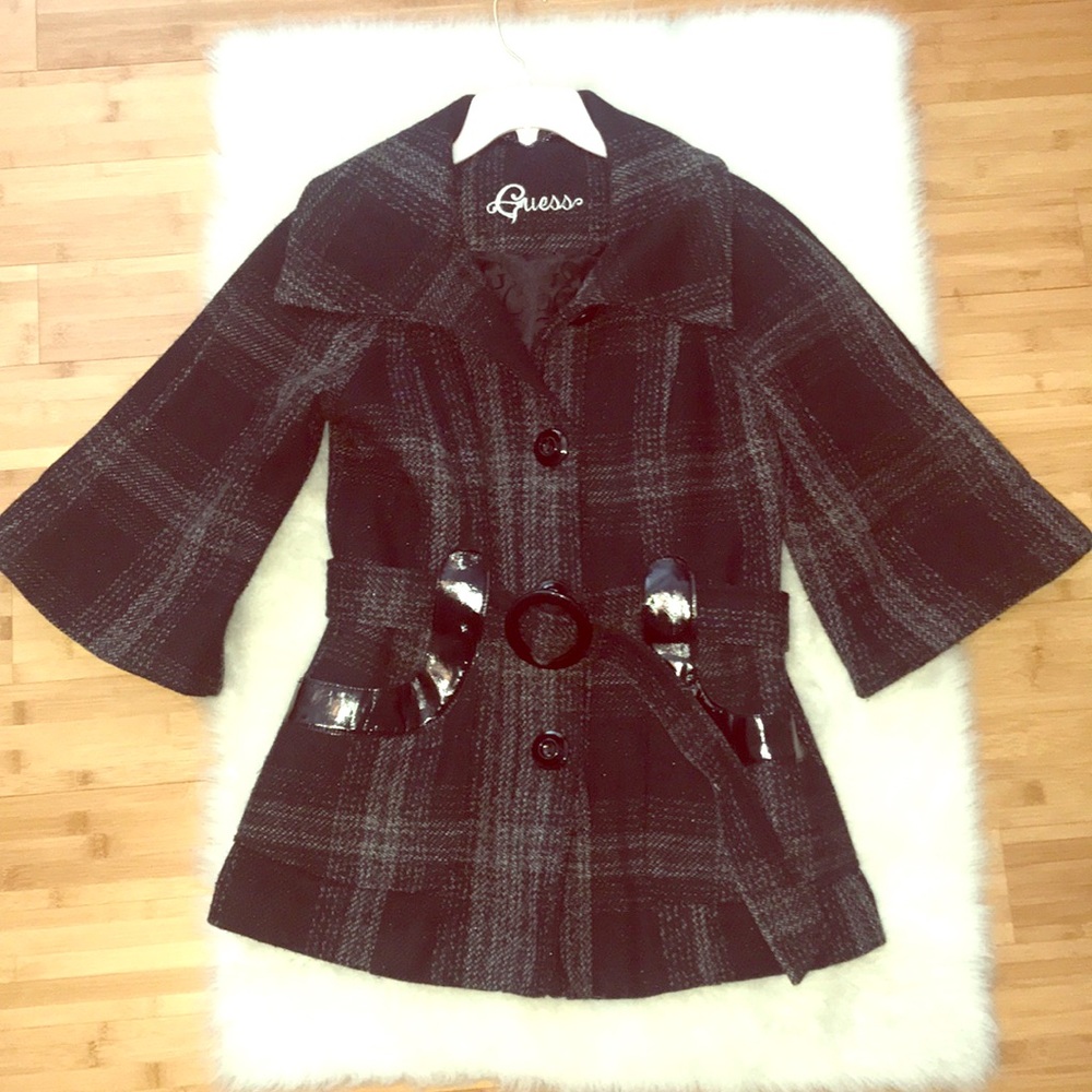 Guess Plaid Tweed 3/4 Sleeve Belted Jacket